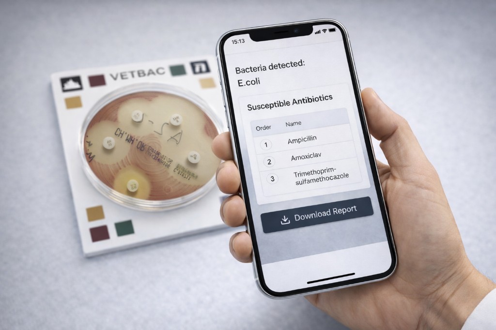 VetBac antibiogram test plate with antibiotic susceptibility zones